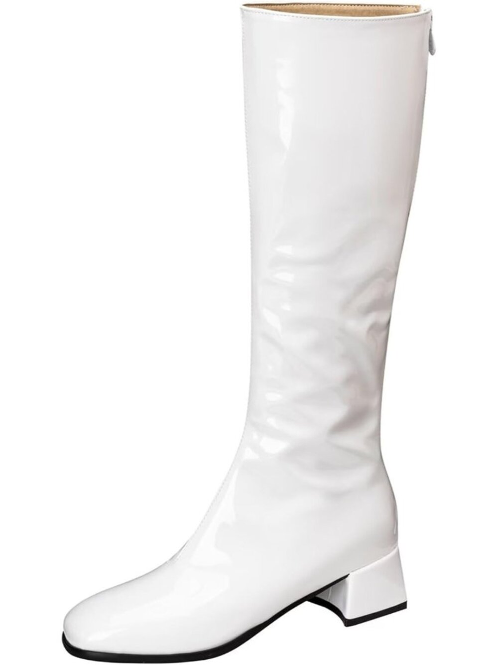 Women's White Chunky Low Heel Square Toe Full Back Zipper Knee High Boots